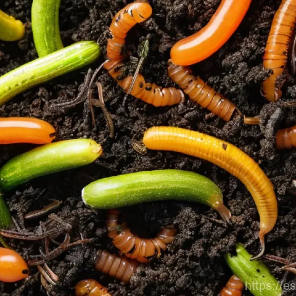버미컴포스팅 관리의 최적화 방법 - **Prompt:** A vibrant, close-up shot of a bustling vermicomposter interior. Healthy, active red wigg...