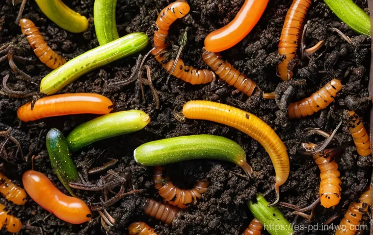 버미컴포스팅 관리의 최적화 방법 - **Prompt:** A vibrant, close-up shot of a bustling vermicomposter interior. Healthy, active red wigg...