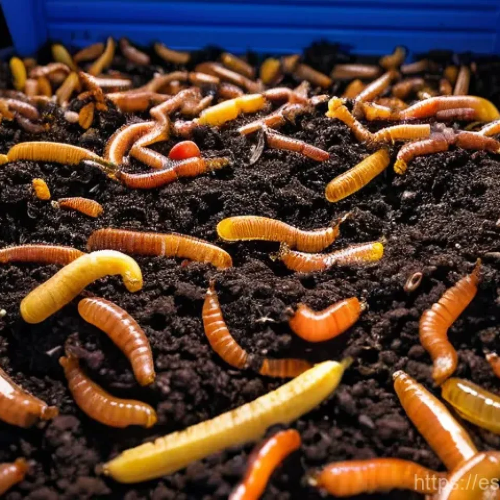 버미컴포스팅 시스템 구축하기 - The Thriving Vermicomposter Home**
"A close-up, brightly lit, and detailed view of a well-mainta...