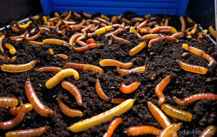버미컴포스팅 시스템 구축하기 - The Thriving Vermicomposter Home**
"A close-up, brightly lit, and detailed view of a well-mainta...