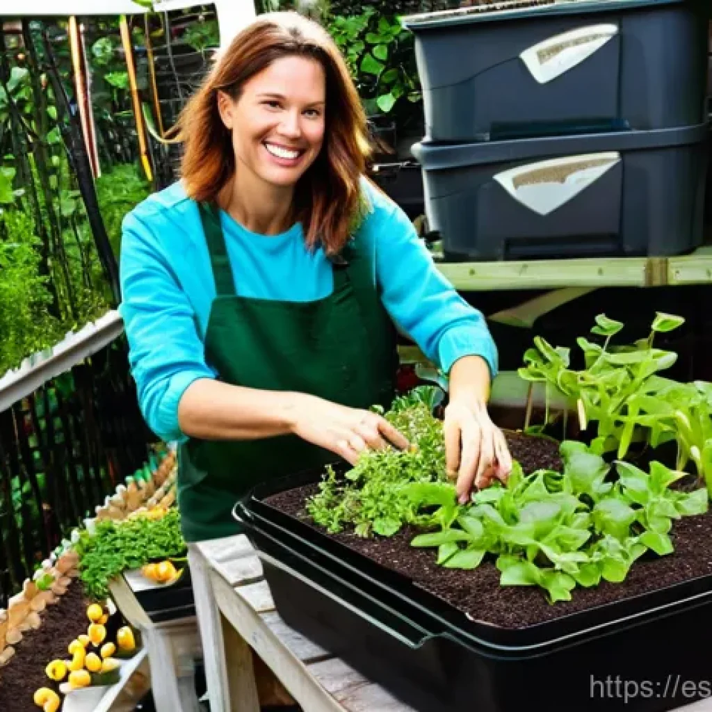 버미컴포스팅의 전 세계적 사례 - **Prompt:** A vibrant, sun-dappled balcony urban garden. In the foreground, a smiling woman in her l...