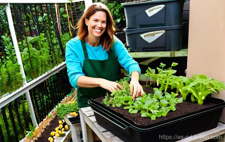 버미컴포스팅의 전 세계적 사례 - **Prompt:** A vibrant, sun-dappled balcony urban garden. In the foreground, a smiling woman in her l...