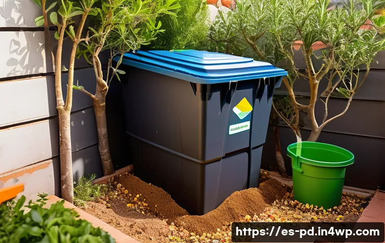 버미컴포스팅이 주는 이점과 한계 - A vibrant urban garden scene in a typical Spanish backyard during spring, showcasing a large vermico...