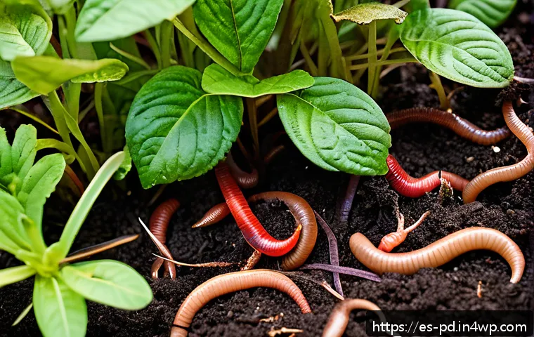 버미컴포스팅 시스템의 생태계 이해하기 - A detailed close-up of red Californian earthworms actively burrowing through a rich, moist vermicomp...