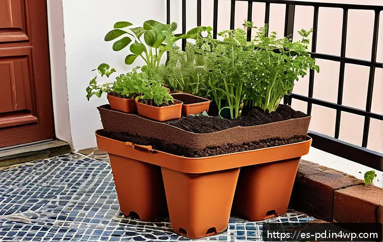 버미컴포스팅의 시장 동향 분석 - A vibrant urban home garden scene in Spain featuring a compact vermicomposting bin made of recycled ...