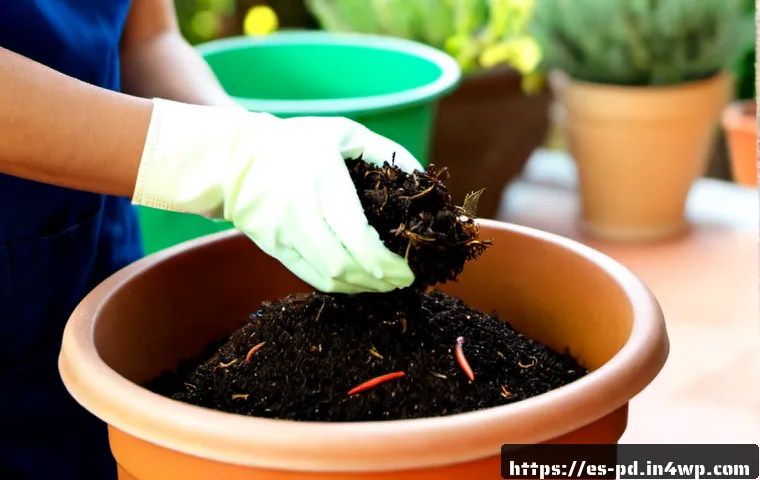 버미컴포스팅의 효과적인 처리 방법 - Photorealistic close-up of a Spanish home gardener in a bright Mediterranean patio carefully sorting...