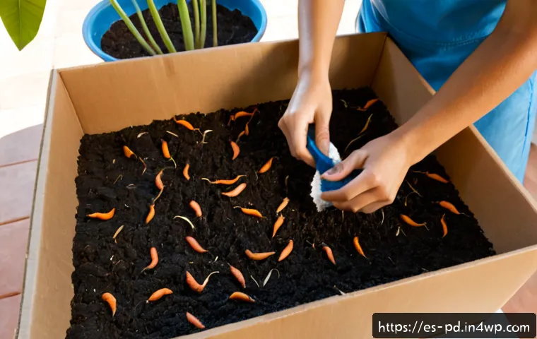 Home 17 버미컴포스팅을 위한 포장 방법 - Photorealistic overhead view of a Spanish home gardener preparing a vermicomposting starter kit for ...
