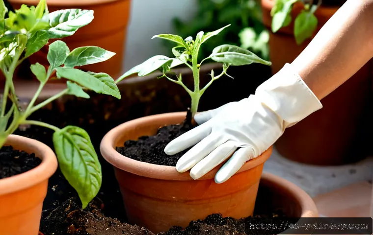 비료로서의 버미컴포스트 활용법 - Photorealistic close-up of a home gardener wearing clean work gloves gently spreading dark, crumbly ...